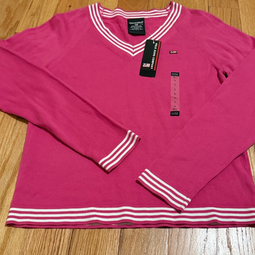 Polo by Ralph Lauren V-Neck Sweater Pink, White Stripes 100% Cotton Tenniscore - Picture 4 of 8